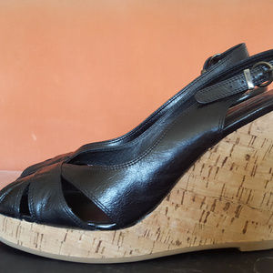 Buffalo London Black Leather Wedge Sandals